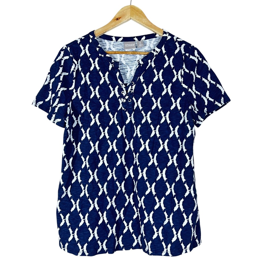 Chicos Lace Up Geometric Lattice Slub Knit Top Blue White 100% Cotton Size M
